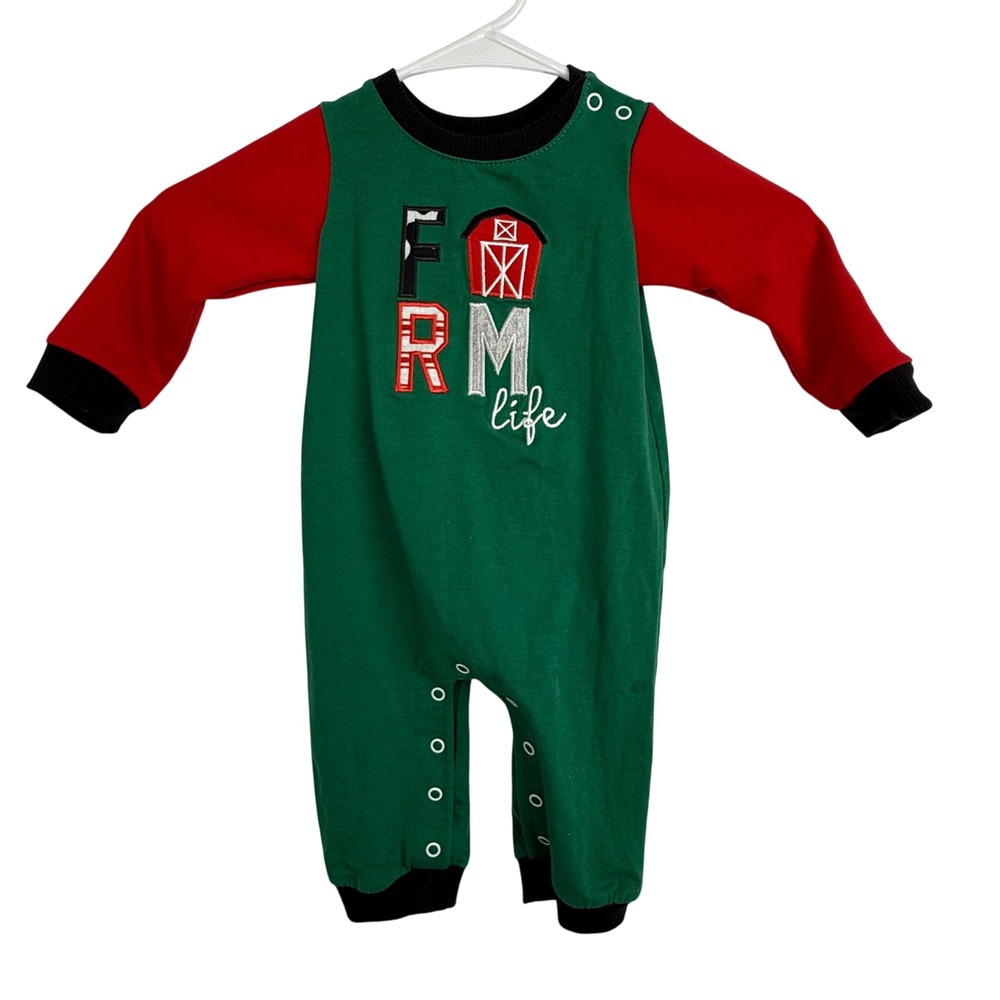 Ricrac & Ruffles Baby‎ Boy Romper 6/9M Farm Life Christmas Green Red Outfit